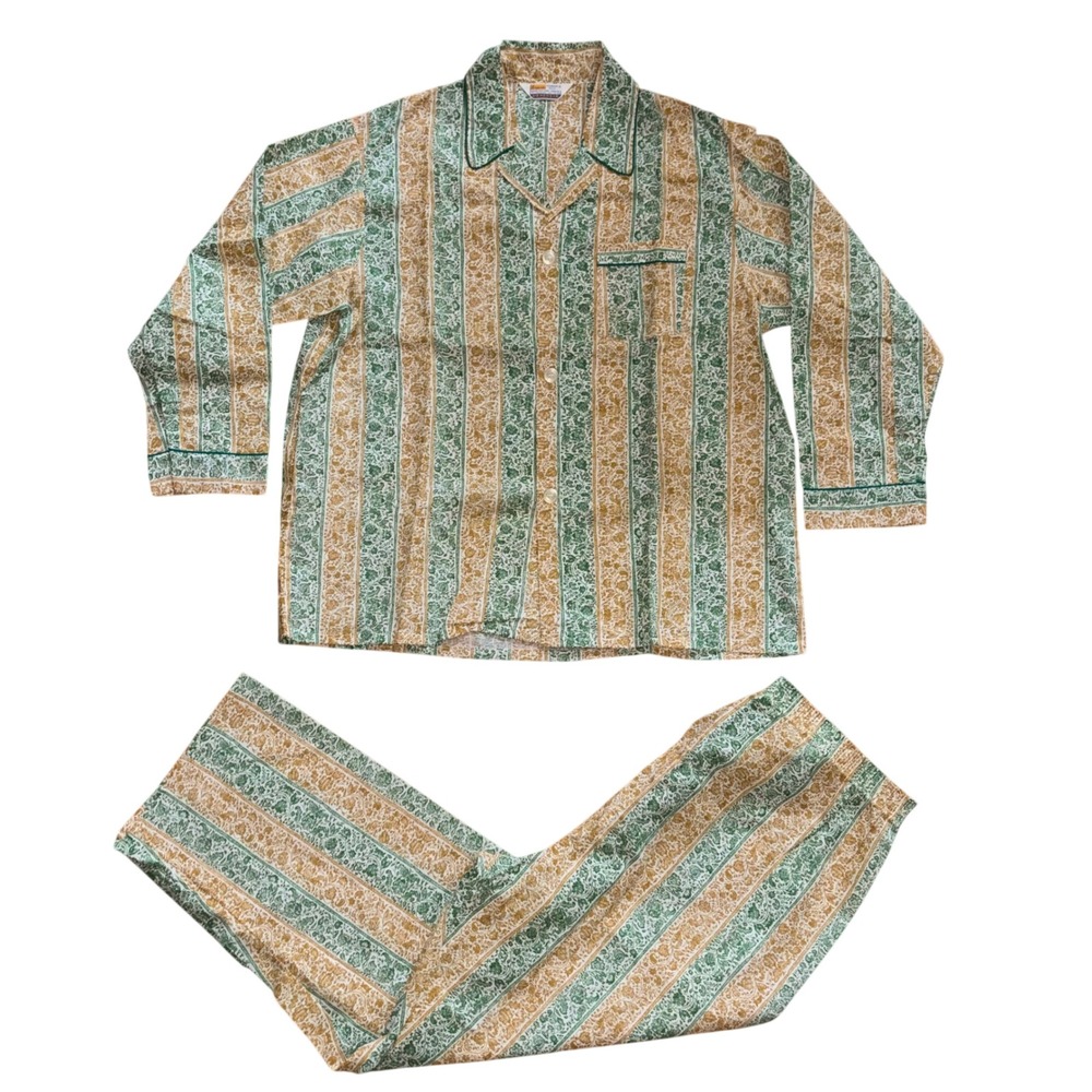 Vintage Grants Mens Pajama Set Green Yellow Floral Stripe Permanent Press L